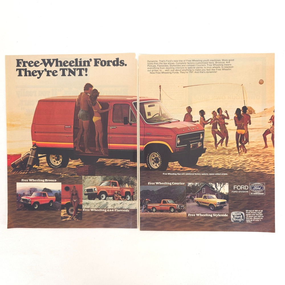 Free Wheelin' Ford Vans Trucks Bronco Courier Styleside Print Ad Vintage Beach
